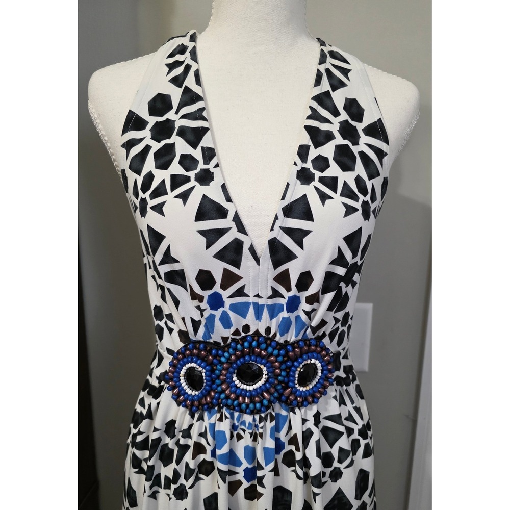 ECI New York Women Sz M White Geometric Halter Beaded Waist Dress Tribal Short